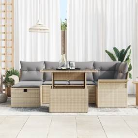 vidaXL Σετ Καναπέ Κήπου 7 τμχ με Μαξιλάρια Μπεζ Πολυ Ρατάν