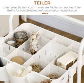 HOMCOM Τροχήλατο Καρότσι, Καρότσι Σερβιρίσματος, 3 Καλάθια Αποθήκευσης, 3 Κρεμαστά Κουτιά, 4 Γάντζοι, Μεταλλικό Πλαίσιο, 42 x 38 x 86,5cm, Λευκό