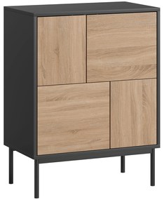 Έπιπλο μπουφές με πόρτες push-to-open, ντουλάπι τραπεζαρίας με μεταλλικά πόδια, ντουλάπι κουζίνας, MDF, Μαύρο+Φυσικό ξύλο