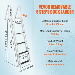 VEVOR bathing ladder boat ladder removable 5 steps 159kg load capacity 610x455x1825mm