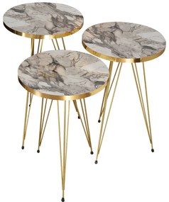 Βοηθητικά τραπέζια Wakmi pakoworld σετ 3τεμ γκρι μπεζ μαρμάρου μελαμίνης-χρυσό μέταλλο