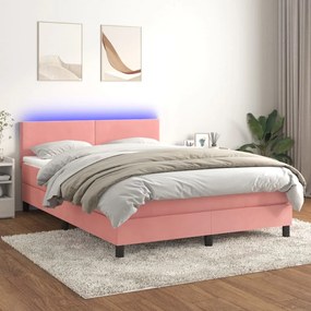 vidaXL Κρεβάτι Boxspring με Στρώμα & LED Ροζ 140x190 εκ. Βελούδινο