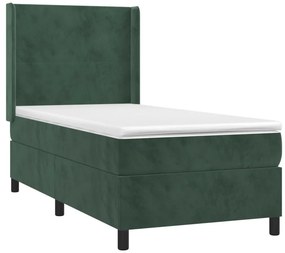 VidaXL Κρεβάτι Boxspring με Στρώμα & LED Σκ. Πράσινο 90x200 εκ Βελούδο
