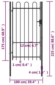 vidaXL Καγκελόπορτα Μονή με Αψιδωτή Κορυφή Μαύρη 1 x 1,75 μ. Ατσάλινη