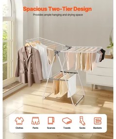 VEVOR 2-Tier Foldable Clothes Drying Rack with Sock Clips &amp; 21 Drying Rods White