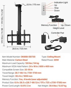 VEVOR Motorized Ceiling TV Mount 32-55 in Screen Electric Adjustable TV Mount