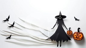Intra Συλλεκτικό Ξύλινο Παζλ Plywood 4mm - Μαύρο και άσπρο Halloween Witch Cut-out με κολοκύθες και νυχτερίδες Σε Ξύλινο Κουτί - Διαστάσεις: 10x10 cm – 25 κομμάτια