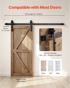 VEVOR 5FT Sliding Barn Door Hardware Kit for Single Sliding Barn Door Black