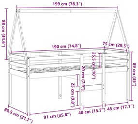 Κρεβάτι Υπερυψωμένο με Οροφή Καφέ 75x190 εκ. Μασίφ Ξύλο Πεύκου - Καφέ