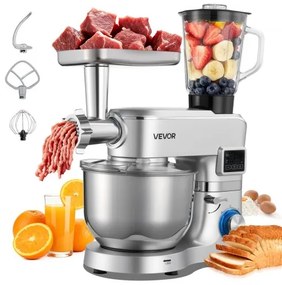 VEVOR Stand Mixer, 5.7 L Electric Kitchen Mixer, 1500W Dough-Mixer, 6+P Speeds Tilt-head Food-Mixer with 1.5 L Blender Cup, Stainless Steel Bowl, Dough Hook, Whisk, Beater, for Baking, Mixing, Silver