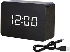 Ξύλινο Επιτραπέζιο Ψηφιακό Ρολόι με οθόνη LED, Ξυπνητήρι, Θερμόμετρο - Μαύρο