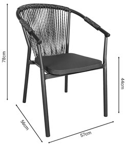 Πολυθρόνα αλουμινίου Convince pakoworld στοιβαζόμενη ανθρακί σκελετός-textilene-rattan 56x63x82εκ