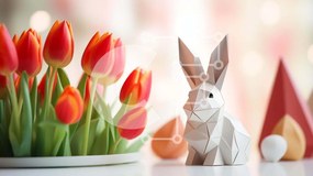 Intra Συλλεκτικό Ξύλινο Παζλ Plywood 4mm - Επίδειξη με θέμα το Πάσχα με κουνέλι Origami και τουλίπες Σε Ξύλινο Κουτί - Διαστάσεις Puzzle: 10x10 cm – 25 κομμάτια