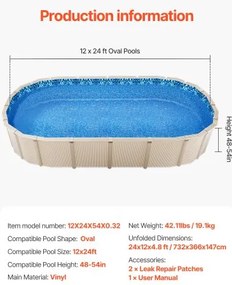 VEVOR Oval Pool Liner 12x24ft Overlap Style Pool Liner 54in Wall Height