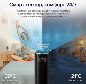 Ανεμιστήρας πύργου Levoit TempSense 36 DC, 26W, 92 cm, Για έως 49 m2, 12 ταχύτητες, 4 λειτουργίες, Χρονοδιακόπτης, Ταλάντωση 90C, Τηλεχειριστήριο, Μαύρο