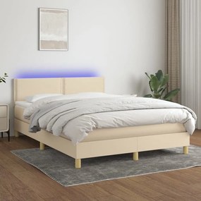 Κρεβάτι Boxspring με Στρώμα &amp; LED Κρεμ 140x190 εκ. Υφασμάτινο - Κρεμ