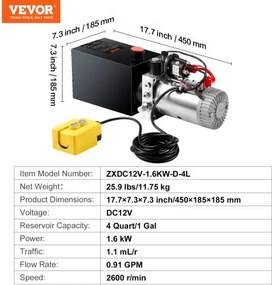 VEVOR Hydraulic Pump 4 Quart/3,8 L Single Acting Dump Trailer Pump Μονάδα ισχύος DC 12V