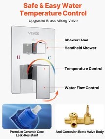 VEVOR Shower Faucet Set 12&quot; Square Rain Shower Head and Hand Set Silver Chrome