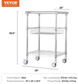 VEVOR Kitchen Utility Cart, 3 Tiers, Wire Rolling Cart with 470LBS Capacity, Steel Service Cart on Wheels, Metal Storage Trolley with 76mm Basket Curved Handle PP Liner 6 Hooks, for Indoor and Outdoor