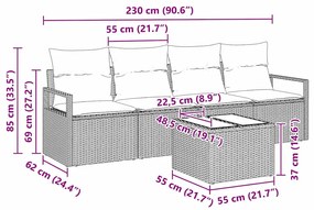 vidaXL Σετ Καναπέ Κήπου 5 Τεμαχίων με Γκρι Μαξιλάρια από Πολυ Ρατάν
