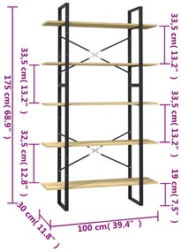 vidaXL Βιβλιοθήκη με 5 Ράφια 100 x 30 x 175 εκ από Ξύλο Πεύκου