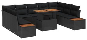 vidaXL Σετ Τραπεζαρίας Κήπου 10 Τεμαχίων με Μαξιλάρια Μαύρο Πολυ Ρατάν Ακακία