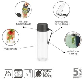 Μπουκάλι Brabantia Make&Take 1006278, 500 ml, Με σουρωτήρι, Προστασία από διαρροές, Μεγάλο άνοιγμα, Σκούρο γκρι/διαφανές