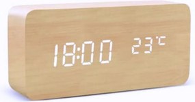 Επιτραπέζιο Ξύλινο Ψηφιακό Ρολόι με οθόνη LED, Ξυπνητήρι, Θερμόμετρο - Μπεζ