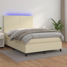 vidaXL Κρεβάτι Boxspring με Στρώμα &amp; LED Κρεμ 140x190 εκ. Συνθ. Δέρμα