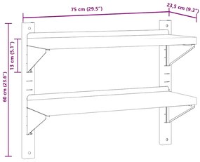 Ράφι Τοίχου 2 Επιπ. Ασημί 75x23,5x60 εκ. Ανοξείδωτο Ατσάλι - Ασήμι