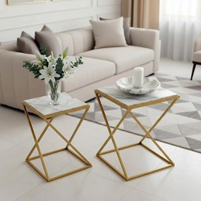 Βοηθητικά τραπεζάκια σαλονιού σετ 2τεμ Zoliene Inart χρυσό μέταλλο-λευκό μαρμάρου 40x40x53 εκ.