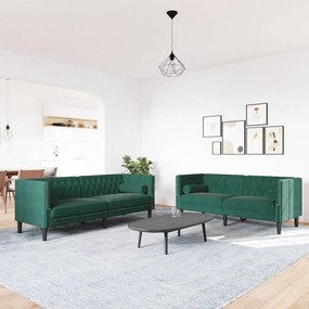 vidaXL Καναπές Chesterfield Σετ 2 Τεμ. με Στηρίγματα Πράσινο Βελούδο