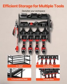 VEVOR Power Tool Organizer Wall Mount, 4-Layer Storage Rack with 4 Drill Holders, Tools Holder and Storage Rack with Screwdriver Holder, Garage Tool Organizer for Garage, Workbench, and Workshop