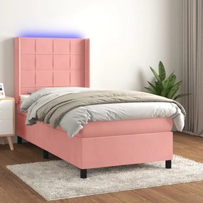 vidaXL Κρεβάτι Boxspring με Στρώμα &amp; LED Ροζ 90x200 εκ. Βελούδινο