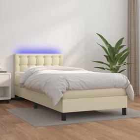 Κρεβάτι Boxspring με Στρώμα &amp; LED Κρεμ 100x200 εκ. Συνθ. Δέρμα - Κρεμ