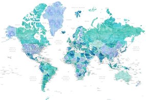 Χάρτης Aquamarine and blue watercolor detailed world map, Blursbyai