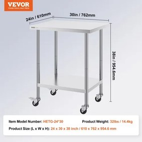 VEVOR Stainless Steel Work Table Commercial Prep Table 24x30 Inch With 4 Casters