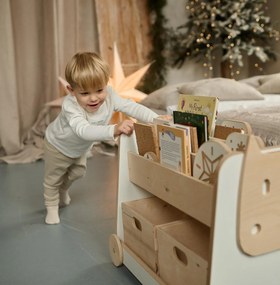 Ξύλινη Βιβλιοθήκη Montessori Τροχήλατη White + Natural  BabyWood