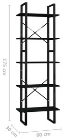 Βιβλιοθήκη με 5 Ράφια Μαύρη 60 x 30 x 175 εκ. από Ξύλο Πεύκου - Μαύρο