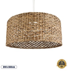 GloboStar® MANGATA 01850 Boho Κρεμαστό Φωτιστικό Οροφής Μονόφωτο 1 x E27 AC220-240V IP20 - Φ90 x Υ40cm - Καφέ Water Hyacinth - Υδρουάκινθος Πλέγμα Καμπάνα - 5 Χρόνια Εγγύηση