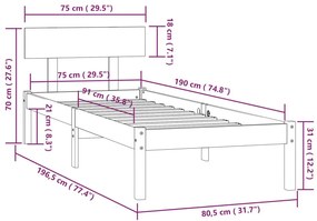 Πλαίσιο Κρεβατιού Μαύρο 75 x 190εκ. από Μασίφ Ξύλο Small Single - Μαύρο