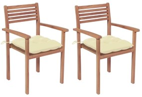 Καρέκλες Κήπου 2 τεμ. Μασίφ Ξύλο Teak με Λευκά Κρεμ Μαξιλάρια - Κρεμ