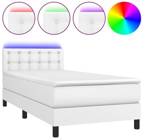vidaXL Κρεβάτι Boxspring με Στρώμα &amp; LED Λευκό 90x200 εκ. Συνθ. Δέρμα