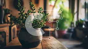 Intra Συλλεκτικό Ξύλινο Παζλ Plywood  4mm - Υγιές φυτό σε γλάστρα σε παλιό ξύλινο τραπέζι Σε Ξύλινο Κουτί - Διαστάσεις: 10x10 cm – 25 κομμάτια