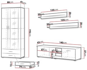 Σετ επίπλων Charlotte E117, Γυαλιστερό μαύρο, Μαύρο, Ξεχωριστά μέρη, Με τραπέζι τηλεόρασης, Με πρόσθετο εξοπλισμό, 192x43cm, 106 kg | Epipla1.gr