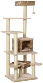 PawHut Δέντρο για γάτες από ρατάν με σπιτάκι, πολυεπίπεδο δέντρο για γάτες, δέντρο αναρρίχησης για γάτες, E1 MDF, σιζάλ, μπεζ+καφέ, 55 x 55 x 174 cm