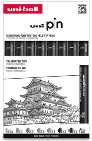 Μαρκαδόροι Σχεδίου Uni-pin με πάχος μύτης 0.03/0.1/0.3/0.5/0.7/0.9/1.2mm/BR - 8 τεμάχια