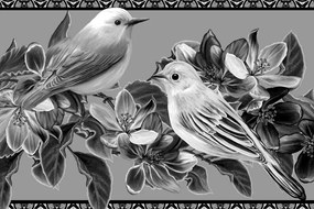 Εικόνα ασπρόμαυρων πουλιών και λουλουδιών σε vintage σχέδιο - 90x60