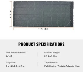 VEVOR Dump Truck Mesh Tarp, 7 x 14 ft, PVC Coated Black Heavy Duty Cover with 5.5&quot; 18oz Double Pocket, Brass Grommets, Reinforced Double Needle Stitch Webbing Fits Manual or Electric Dump Truck System