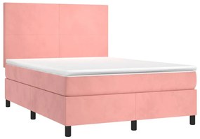vidaXL Κρεβάτι Boxspring με Στρώμα &amp; LED Ροζ 140x190 εκ. Βελούδινο